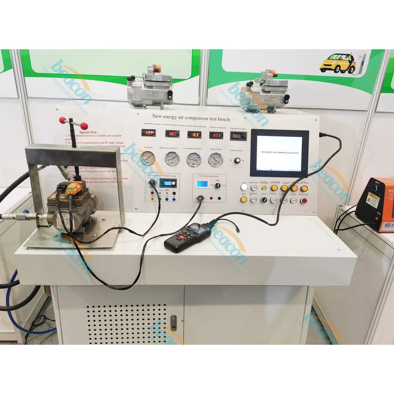 NC101 electric A/C compressor test bench, side view showing cabinet, ventilation panel and speed control